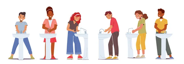 Set of Kids Washing Hands, Happy Little Boys and Girls Characters Hygiene Procedure, Children Morning Routine — 스톡 벡터
