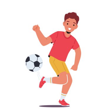 Little Boy Sportsman Kicking Ball Practicing Football Skill, Child Character Playing Soccer Isolated on White Background