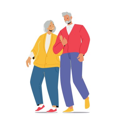 Senior Married Couple Holding Hands Walk Together Isolated on White Background. Elderly Family Love, Sparetime