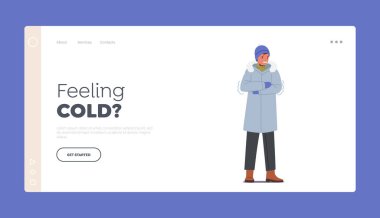 Cold Weather Landing Page Template. Freezing Male Character Wearing Warm Winter Clothes, Hat and Mittens