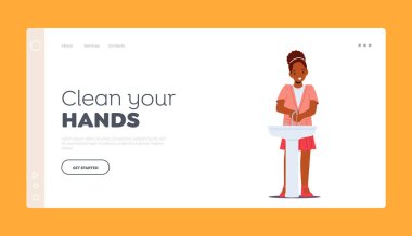 Hijyen Banyo Prosedürü İniş Şablonu. Mutlu Afrikalı Kız Yıkama Elleri, Çocuk Günlük Programı, Çocuk Temiz Avuç İçleri