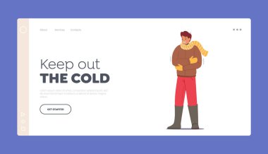 Düşük Eksi Dereceli Sıcaklık İniş Sayfa Şablonu. Dondurucu Erkek Karakteri Sıcak Kış Giysileri Giyin