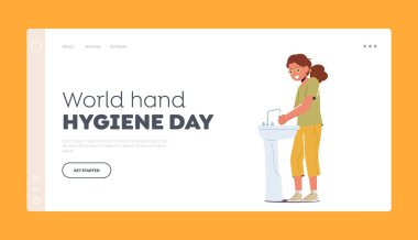 Dünya Hijyen Günü İniş Şablonu. Çocuk Banyosu, Hijyen. Lavaboda Küçük Kız Duruyor