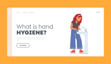 Bathing, Hygiene Landing Page Template. Little Girl Stand at Sink in Bathroom Washing Hands. Kid Character Routine