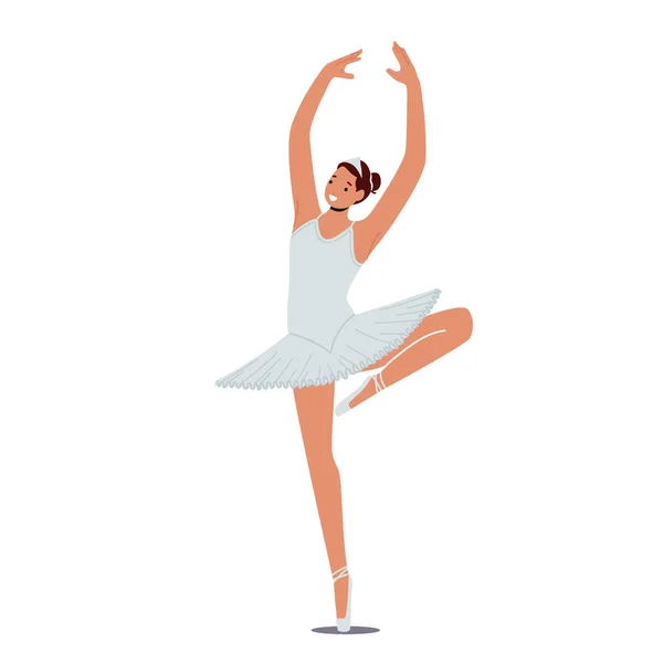 Meisjes trainen op Ballet School. Gelukkige jonge vrouw in Tutu en Pointe schoenen staan in positie met opgeheven armen en benen — Stockvector