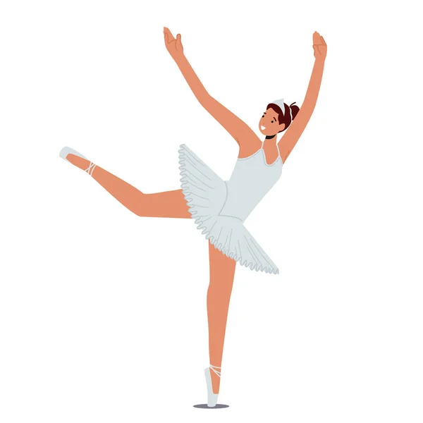 Ballerina springt in weißem Seidenkleid und spitzen Schuhen, Balletttänzerin tritt im Theater auf, Mädchen üben klassischen Tanz — Stockvektor