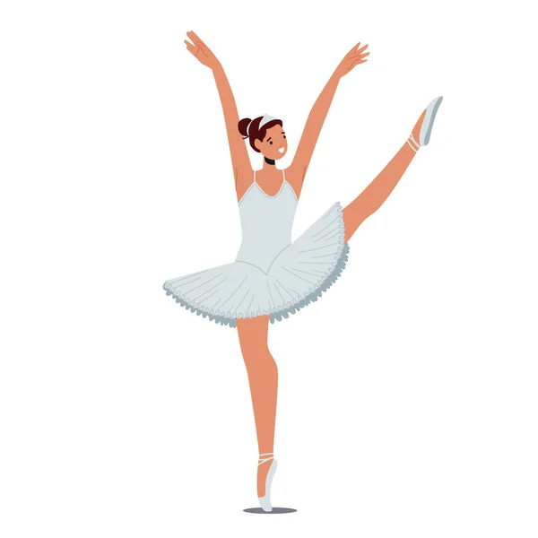 Ballerina in professionellem Outfit, Schuhen oder weißem schwerelosen Rock demonstrieren tänzerisches Geschick. Junge Balletttänzerin — Stockvektor