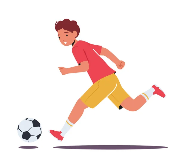 Little Boy Run avec ballon de football jouant sur le stade isolé sur fond blanc. Enfant pratiquant le football jeu — Image vectorielle