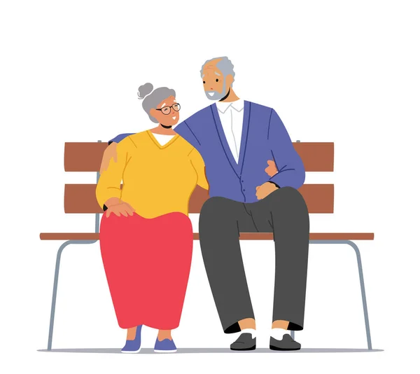 Staruszek i kobieta siedzący na ławce, przytulający się na białym tle. Osoby w podeszłym wieku Mężczyzna i kobieta Postacie Relax — Wektor stockowy