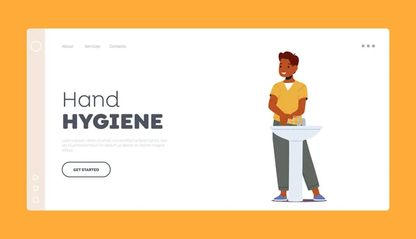 Hand Hygiene Landing Page Template. Happy Little African Boy Character Washing Hands, Child Health Care — стоковый вектор