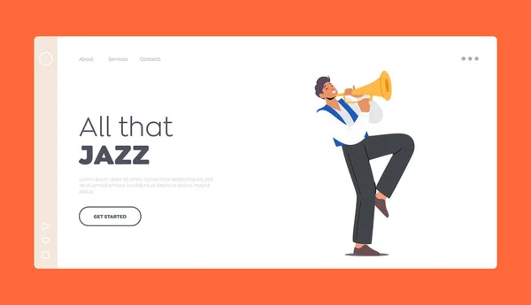 Jazz Band Entertainment, Concert Landing Page Şablonu. Erkek karakter trompet ya da boynuz çalıyor. Müzik Oynatıcı — Stok Vektör