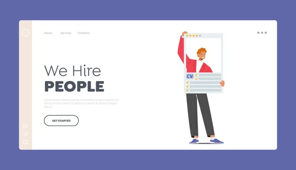 We Hire People Landing Page Template. Applicant Male Character Holding Cv or Curriculum Vitae Professional Recruitment — Διανυσματικό Αρχείο