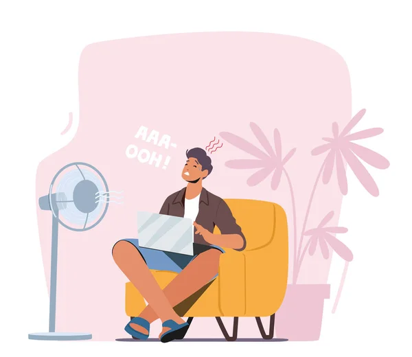 Verano Tiempo Caliente Concepto Período. sofocante en calor Hombre personaje sentado en el sofá tratando de trabajar bajo ventilador o ventilador — Vector de stock