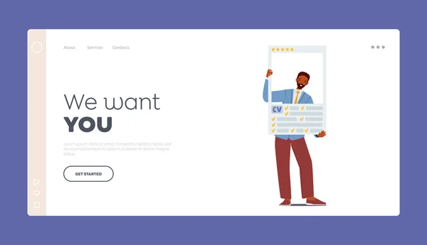 Recruitment Landing Page Template. Male Character Job Applicant with Resume Apply for Vacant Position in Office — Stockvector
