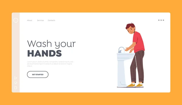 Little Boy Washing Hands in Sink Landing Page Template. Kid Daily Morning or Evening Routine. Child in Bathroom — Stockvector