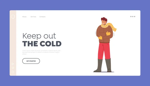 Low Minus Degrees Temperature Landing Page Template. Freezing Male Character Wear Warm Winter Clothes — Stock vektor