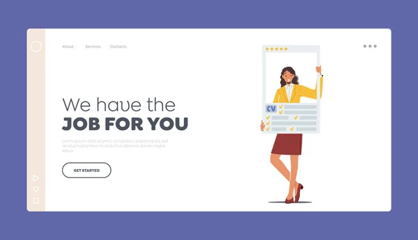 Hiring Personnel, Employment Landing Page Template. Candidates Selection, Job Seeker Female Character Holding Cv — Διανυσματικό Αρχείο