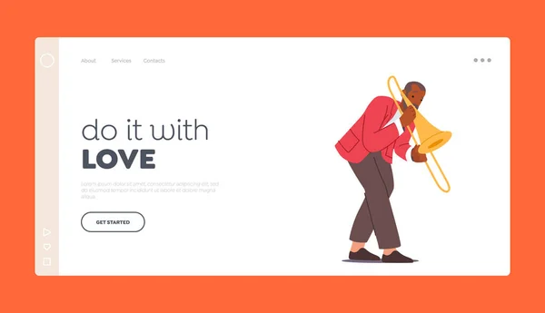 Music Jazz Band Entertainment, Concert Landing Page Template. Sax Player Blowing Musician Composition on Saxophone — Διανυσματικό Αρχείο