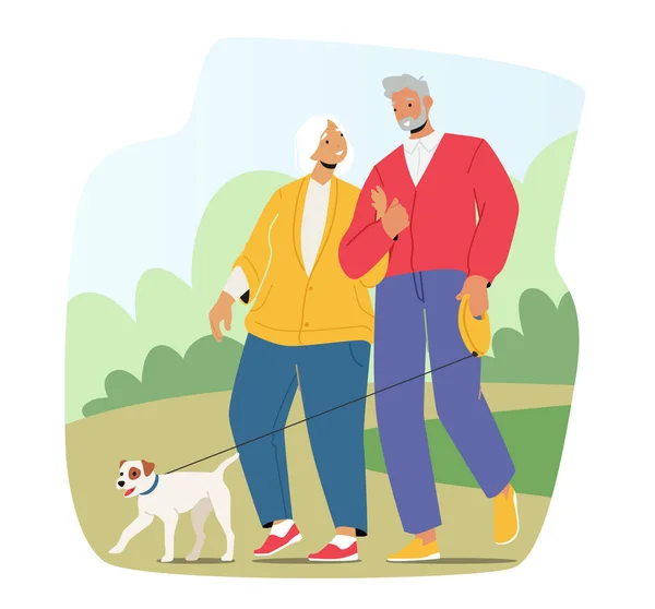 Starsza Para Rodzinna Ciesząca Się Na Zewnętrznej Promenadzie Z Zwierzętami. Uśmiechnięte postacie spacerują z psem po parku. Szczęśliwy mężczyzna i kobieta — Wektor stockowy