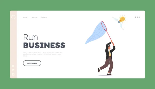 Business Man Searching Inspiration, Creative Idea, Success Landing Page Template. Businessman Character Chase Light Bulb — Stock Vector