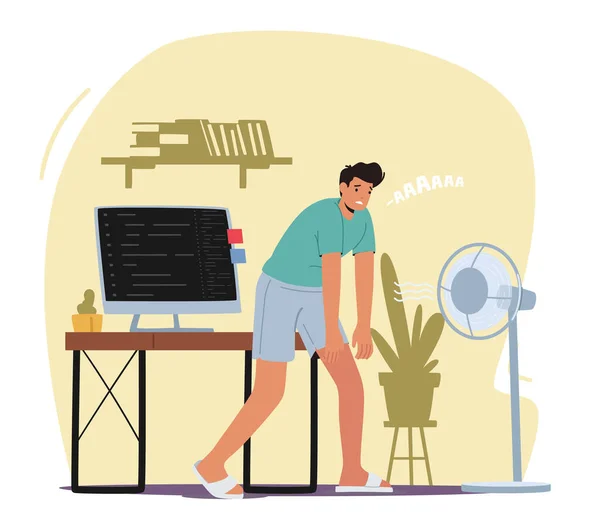 Heat Stroke, Heating Weather, Summer Time Hot Period Concept. Sweltering in Heat Male Character Trying to Cool and Work — Διανυσματικό Αρχείο