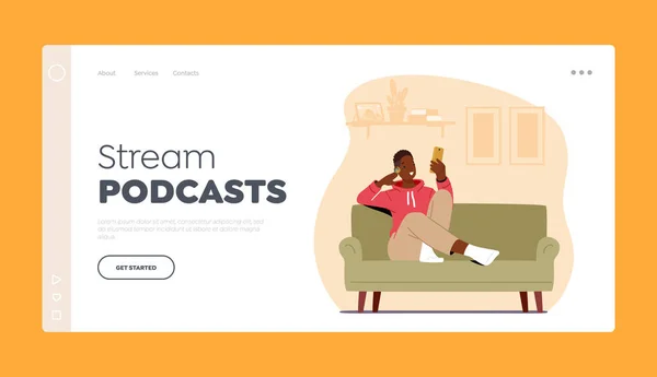 Stream Audio Podcast Online, Audiobook Landing Page Template. Young Man Character Sit in Comfortable Armchair at Home — Wektor stockowy