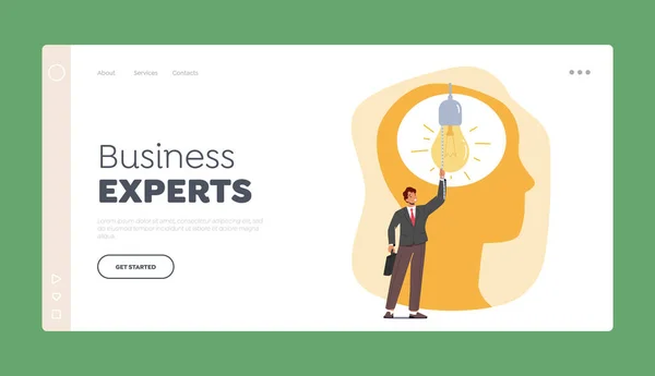 Business Expert Landing Page Template. Zakenman schakelt de gloeilamp in van Enorme Head. Creatief idee, Inzicht — Stockvector