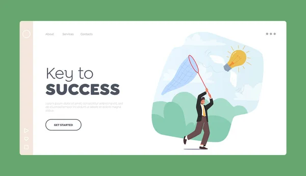 Key to Success Landing Page Template. Businessman Chasing Flying Light Bulb Trying to Catch it with Butterfly Net — Stock Vector