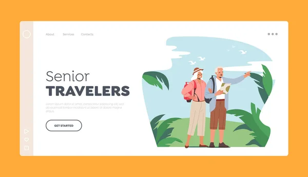 Senior Travelers Landing Page Template. Elderly People Traveling Search Right Way in Tropical Country. Aged Persons — 스톡 벡터