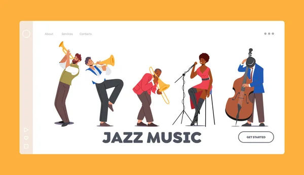 วงดนตรีแจ๊สบนเวทีแสดงเพลงคอนเสิร์ต Landing Page Template ศิลปินตัวละครและนักร้องในที่เกิดเหตุ — ภาพเวกเตอร์สต็อก