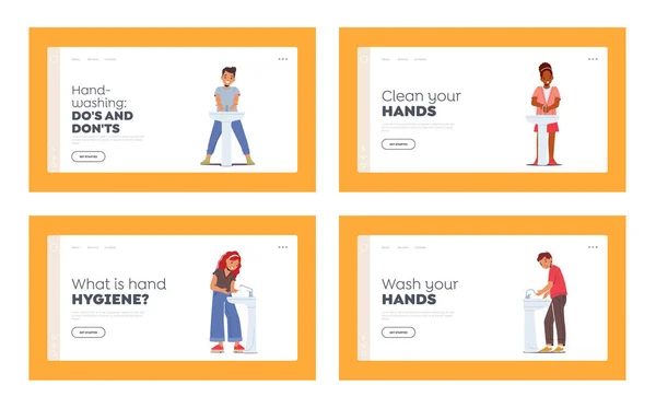 Kids Washing Hands Landing Page Template Set. Happy Little Boys and Girls Characters Hygiene Morning Routine — Διανυσματικό Αρχείο