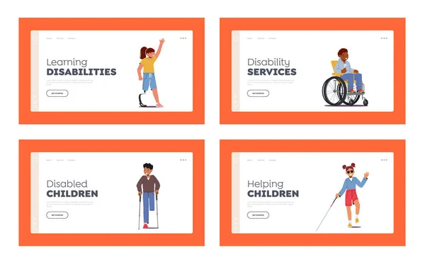 Kids Disability Landing Page Template Set. Disabled Children Characters on Wheelchair, Bionic Hand, Leg Prosthesis — Διανυσματικό Αρχείο