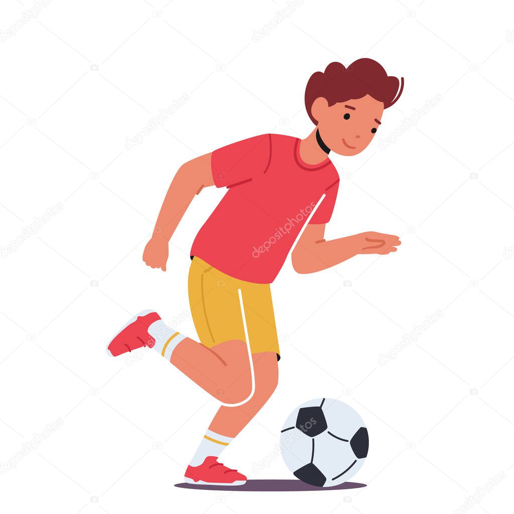 Boy Playing Soccer Game Isolated on White Background. Little Kid Wear Jersey and Shorts Practicing Football Skill