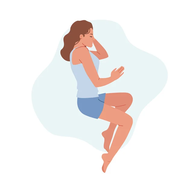 Дівчина спить на боці з ногами. Жіночий персонаж Сплячий Ембріо Поза, жінка носить піжаму Сплячий або Нап лежить у ліжку — стоковий вектор