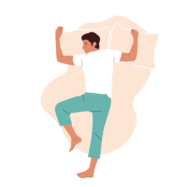 Personnage masculin paisible Portez un pyjama Dormir ou faire la sieste la nuit isolé sur fond blanc. Homme fatigué dormant sur le ventre — Image vectorielle
