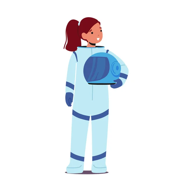 Los niños eligen la profesión de astronauta. Lo que quiero ser cuando crezca concepto. Carácter de niña en traje espacial y casco — Vector de stock