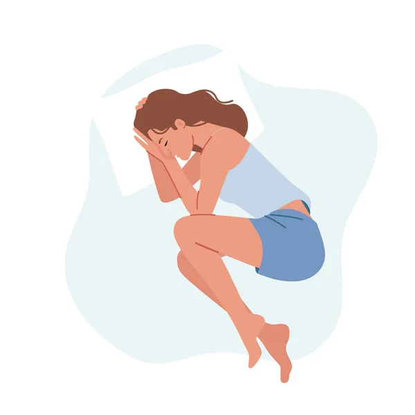 El carácter femenino pacífico usa el sueño o la siesta del pijama en la almohada en la postura del embrión aislada en el fondo blanco — Vector de stock