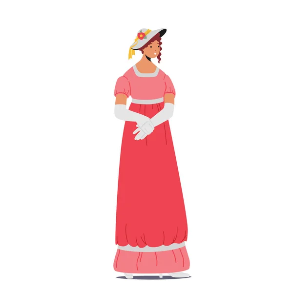 Dama del siglo 19, victoriana mujer inglesa o francesa usar vestido elegante y sombrero aislado sobre fondo blanco — Vector de stock