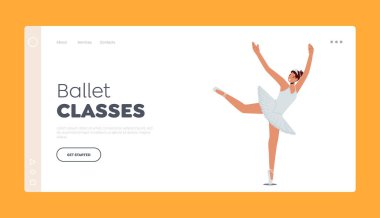 Bale Dersleri İniş Şablonu. Beyaz İpek Elbiseyle Atlayan Balerin ve Pointe Shoes, Modern Bale Dansçısı