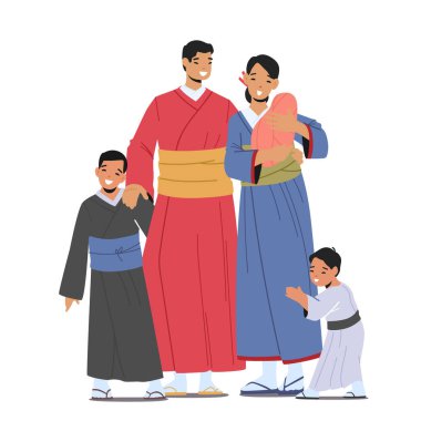 Mutlu Asyalı Aile ve Çocuklar Geleneksel Kimono Giyer. Ellerinde Bebekle Gülümseyen Anne, Baba ve Çocuklar