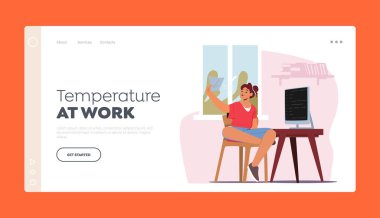 Isı Vuruşu, Aşırı Isıtma İniş Sayfası Şablonu. Mutsuz Kadın Karakteri Evde Terliyor Çalışmaya Çalışıyor