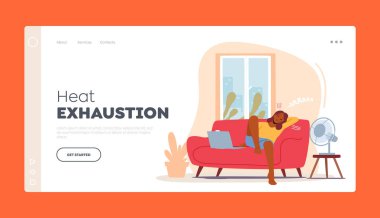 Isı Yorgunluğu İniş Sayfa Şablonu. Mutsuz Kadın Karakteri Evde Çalışan Hayranla Terliyor
