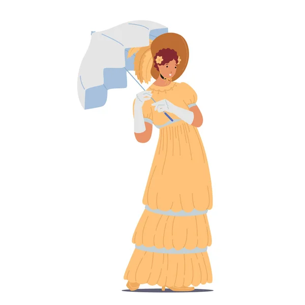 19th Century Lady Wear Elegant Gown, Umbrella and Hat Isolated on White Background. Victorian English or French Woman — Stock Vector
