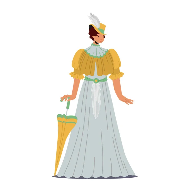 Elegant Lady in Beautiful Vintage Dress, 19th Century Fashion, Victorian English or French Woman Wear Long Gown and Hat — Stock Vector