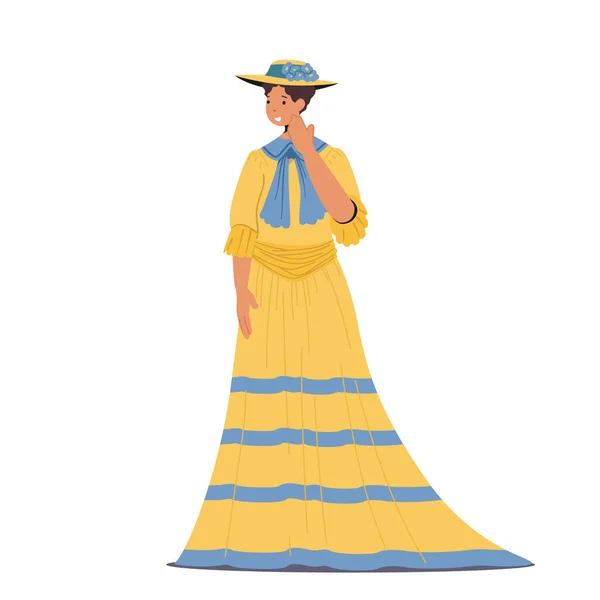 Piękna Pani w zabytkowej sukience z 19 wieku. Kobieta w eleganckiej sukni i kapeluszu izolowane na białym tle — Wektor stockowy