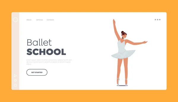 Šablona stránky přistávací plochy baletní školy. Ballerina dívka nosí Tutu a špičaté boty stojí na místě, Charakter trénink — Stockový vektor