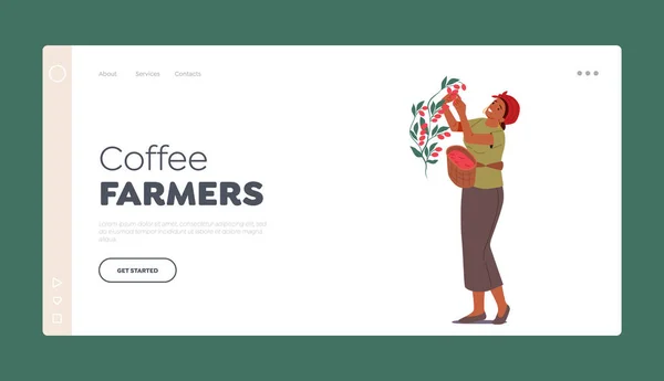 Šablona stránky Coffee Farmers Landing Page. Rostoucí průmysl, kultivace. Africká ženská práce na plantáži, sběr bobulí — Stockový vektor
