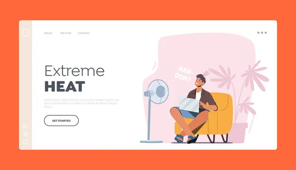Extreme Heat Landing Page Template. Sweltering in Heat Male Character Sitting on Sofa Trying to Work under Fan — Stock Vector