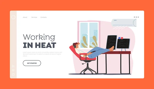 Práce v šabloně Heat Landing Page. Mladý muž relaxovat na pracovišti s pracovní kondicionér doma — Stockový vektor