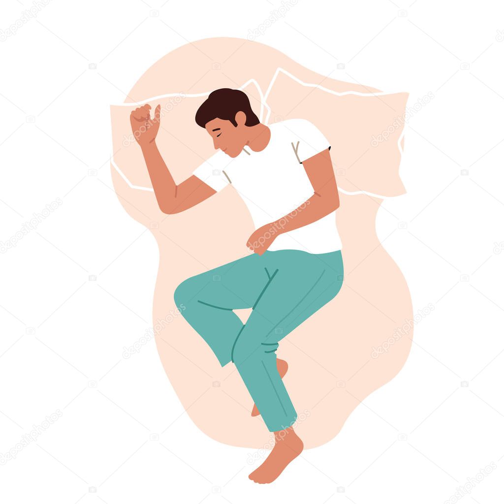 Male Character Sleeping in Relaxed Pose Lying in Bed with Bent Legs and Hands Top View. Man in Pajama Nighttime Sleep